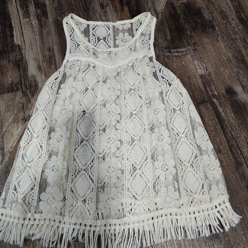 White Lace Sleeveless Top Small Fringe Hem Boho Festival Tank